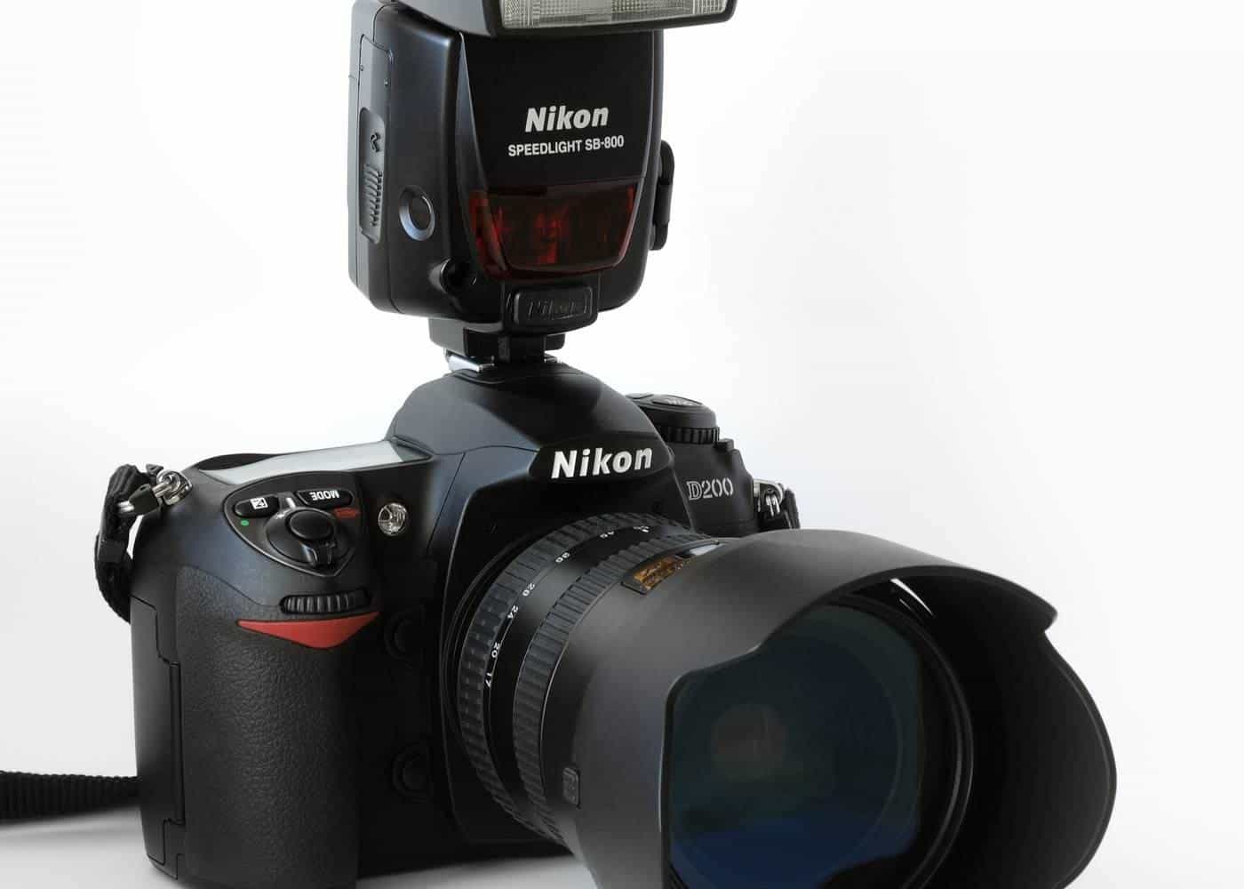 A digital SLR camera seen from the front