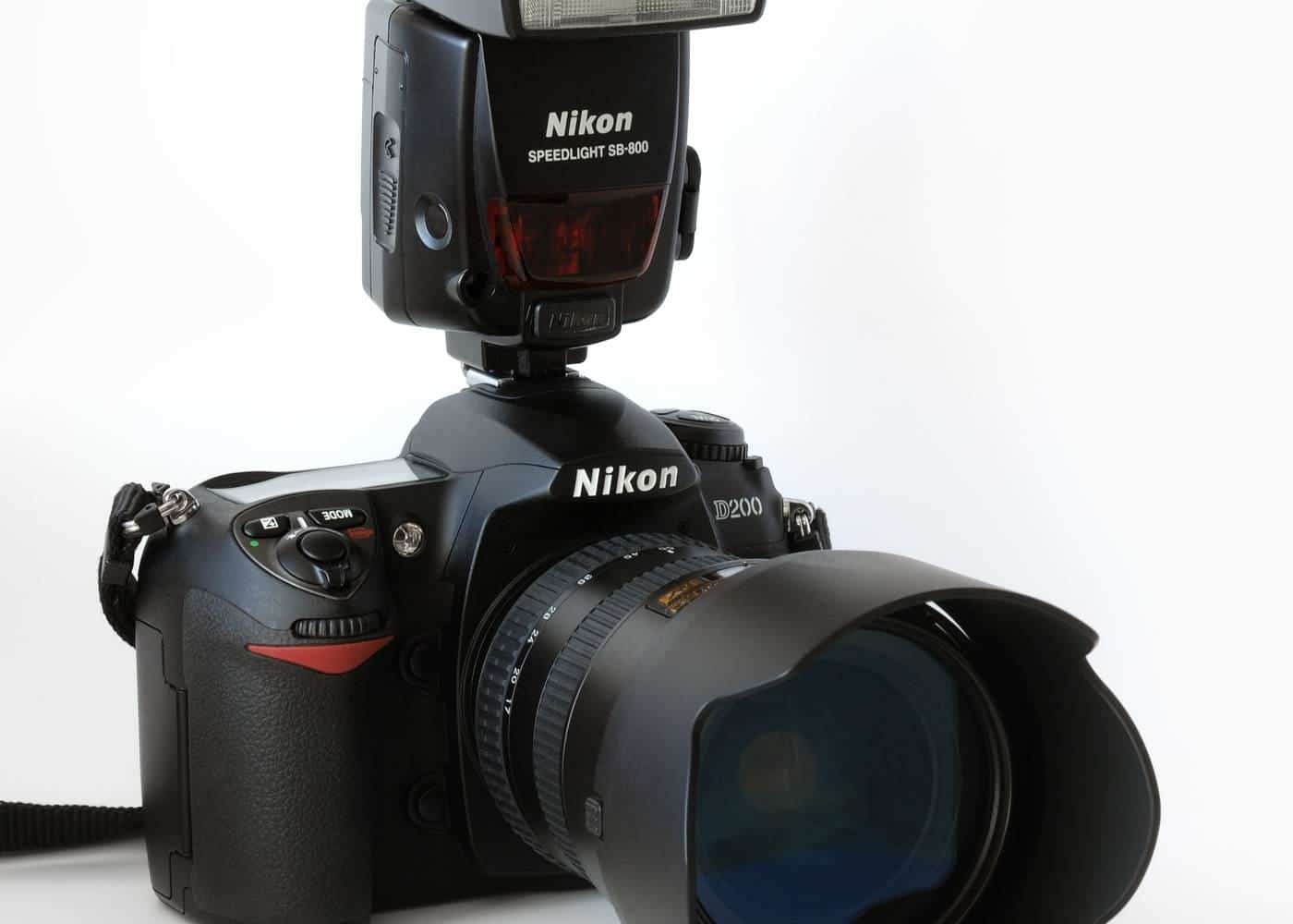 A digital SLR camera seen from the front