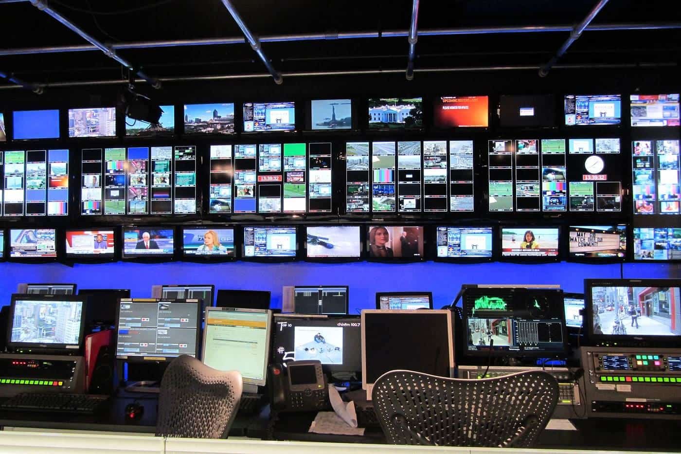 Monitors and mixing desks in a television control room