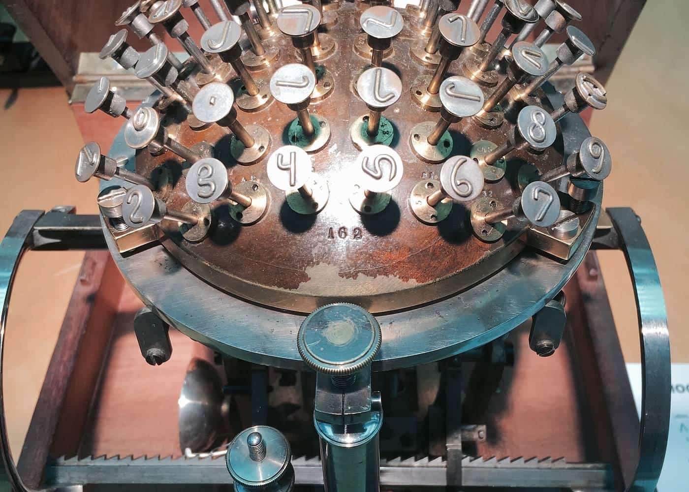 A vintage typewriter on display in a museum
