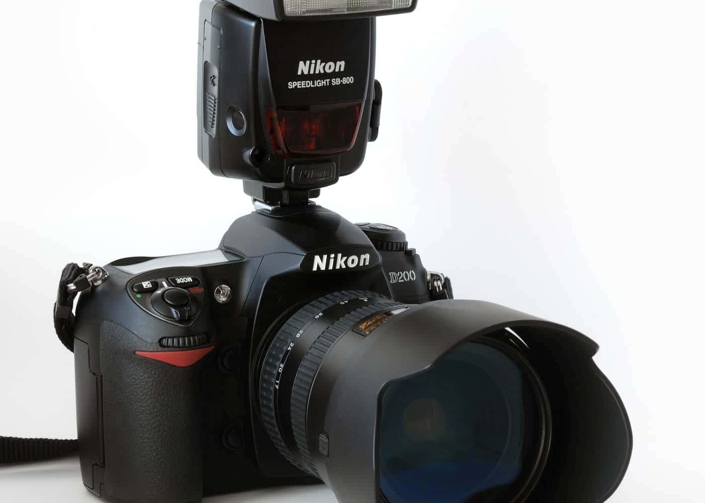 A digital SLR camera seen from the front